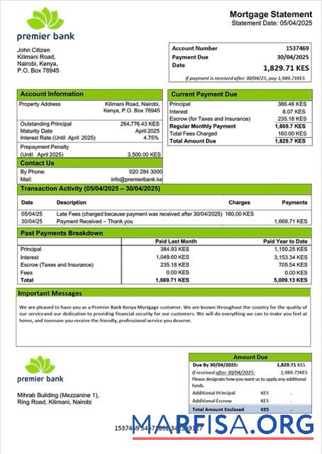 Realistic Kenya Premier Bank Kenya mortgage statement Word and PDF template